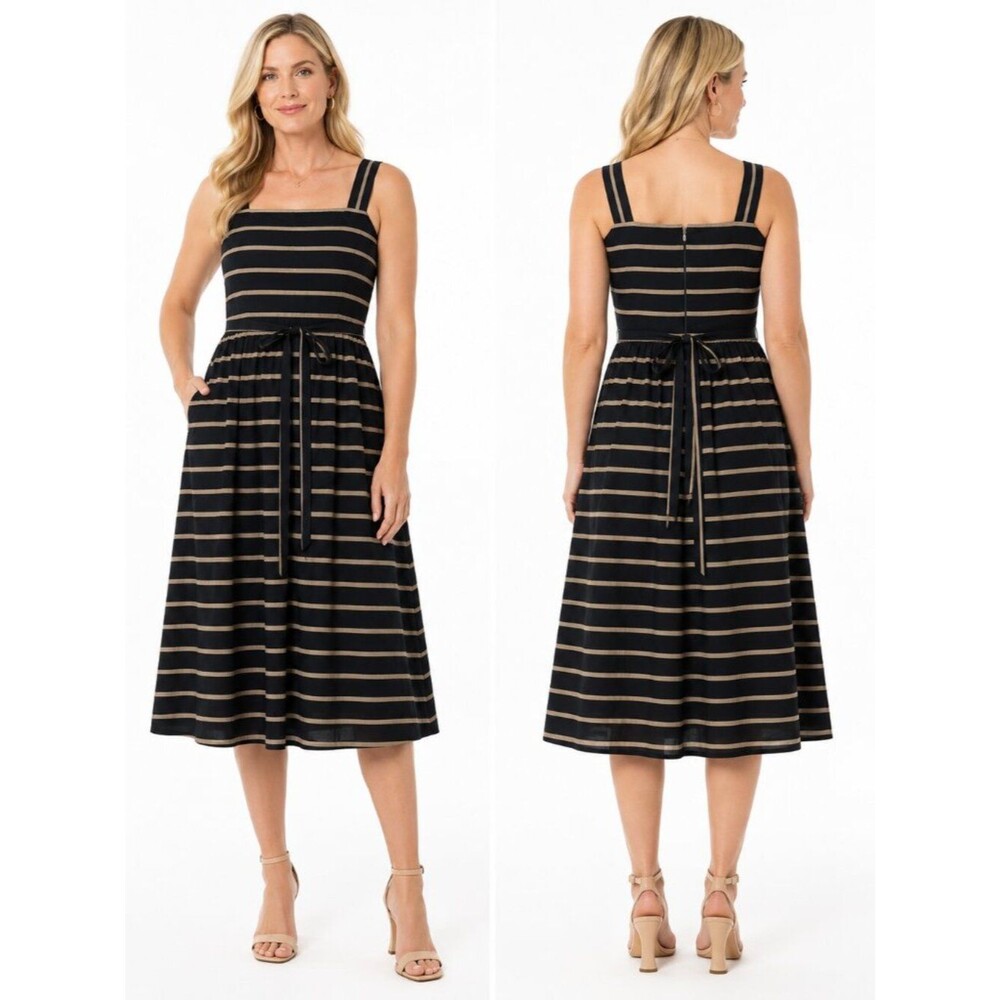 Lafayette 148 New York Striped Sleeveless Midi Dress Women Size 14 Tie Waist